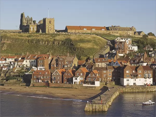 Abbey ruins, church, sandy beach and harbour, Whitby, North Yorkshire, Yorkshire