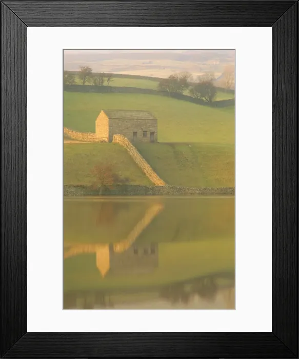 Framed Print : Barn and wall reflected in water at dusk, near Muker, Yorkshire Dales National Park Framed Print : Barn and wall reflected in water at dusk, near Muker, Yorkshire Dales National Park