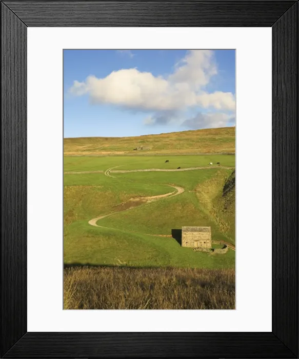 Framed Print : Stone barn and winding track near Keld, Yorkshire Dales National Park, Yorkshire Framed Print : Stone barn and winding track near Keld, Yorkshire Dales National Park, Yorkshire