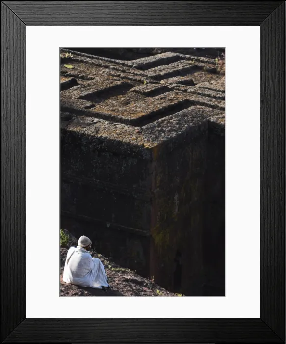 Framed Print : Pilgrim in traditional white shawl at the rock hewn monolithic church of Bet Giyorgis (St Framed Print : Pilgrim in traditional white shawl at the rock hewn monolithic church of Bet Giyorgis (St