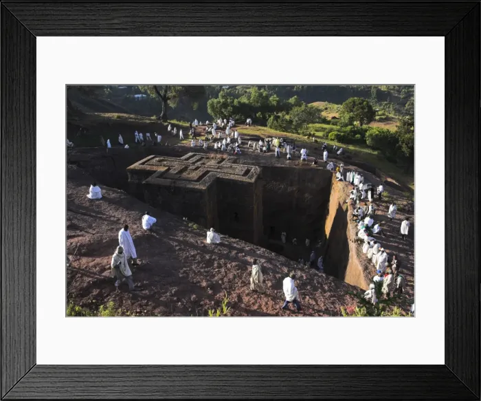 Framed Print : Pilgrims wearing traditonal gabi (white shawl) at festival at rock-hewn monolithic church of Bet Giyorgis (St. George s), roof shaped like a Greek cross, Lalibela, UNESCO World Heritage Site Framed Print : Pilgrims wearing traditonal gabi (white shawl) at festival at rock-hewn monolithic church of Bet Giyorgis (St. George s), roof shaped like a Greek cross, Lalibela, UNESCO World Heritage Site