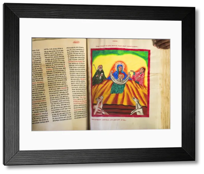 Framed Print : Goatskin manuscript said to be 2000 years old showing the birth of Jesus with animals blowing on him to keep him warm, church of Abuna Aftse, on site of a 6th century church, Yeha, Aksum Framed Print : Goatskin manuscript said to be 2000 years old showing the birth of Jesus with animals blowing on him to keep him warm, church of Abuna Aftse, on site of a 6th century church, Yeha, Aksum