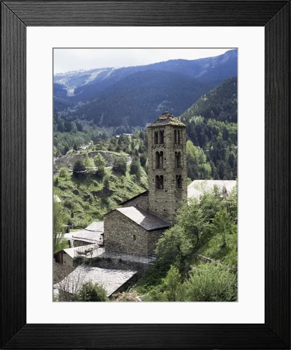 Framed Print : Church of St. Climent de Pal, Lombard Romanesque belfry from 12th century has double arched windows Framed Print : Church of St. Climent de Pal, Lombard Romanesque belfry from 12th century has double arched windows