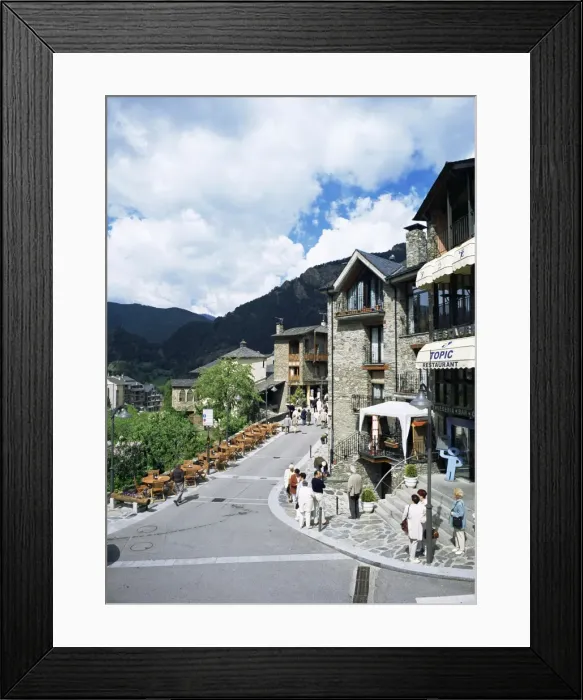 Framed Print : Tourists on pedestrianised street in old part of town, Ordino, Andorra, Europe Framed Print : Tourists on pedestrianised street in old part of town, Ordino, Andorra, Europe