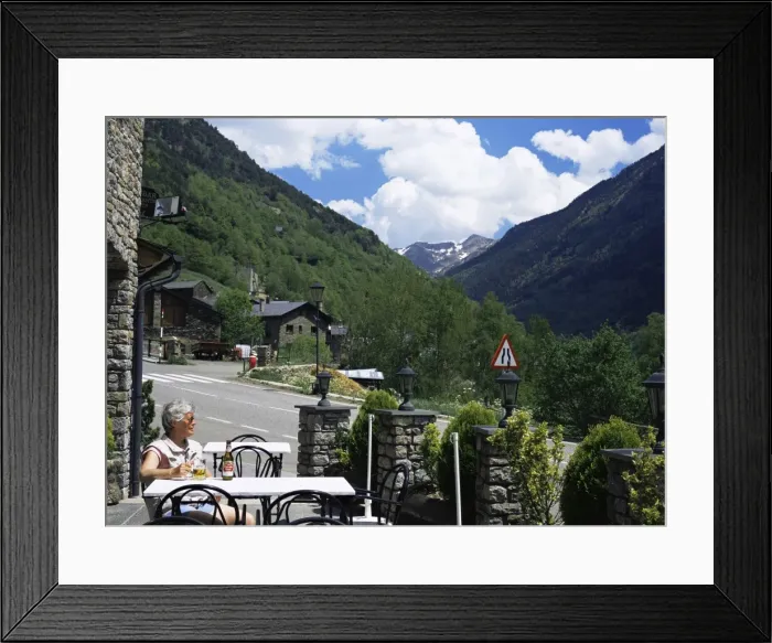 Framed Print : Tourist drinking beer in roadside bar, Llorts, Parish of Ordino, Ordino Valley Framed Print : Tourist drinking beer in roadside bar, Llorts, Parish of Ordino, Ordino Valley