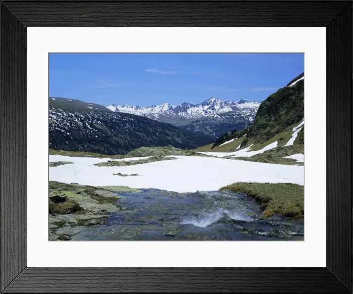 Framed Print : Outflow from Estany Cabana Sorda, view south to the mountains beyond Soldeu, Andorra Framed Print : Outflow from Estany Cabana Sorda, view south to the mountains beyond Soldeu, Andorra