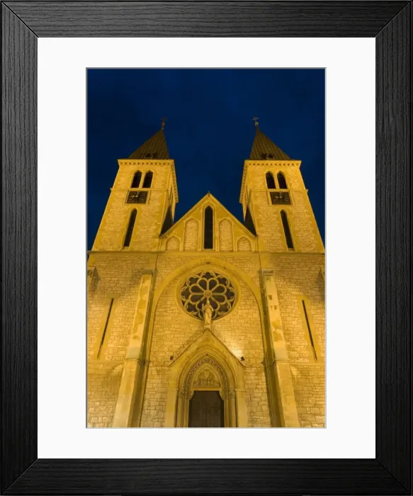 Framed Print : The 19th century Catholic cathedral illuminated at dusk, Bascarsija district Framed Print : The 19th century Catholic cathedral illuminated at dusk, Bascarsija district