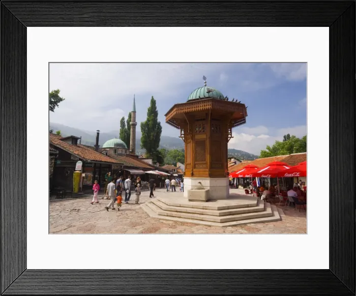 Framed Print : Sebilj, a Moorish-style fountain modelled on a stone fountain in Istanbul dating from 1891 in front of Bascarsija Mosque, Bascarsija district, Old Town, Sarajevo, Bosnia