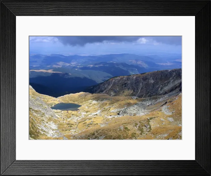 Framed Print : Lake in valley below Hajduta peak, 2465m, in Rila Mountains, Rila National Park Framed Print : Lake in valley below Hajduta peak, 2465m, in Rila Mountains, Rila National Park
