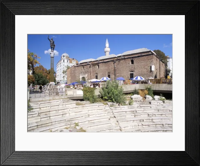 Framed Print : Seats of ruined Roman stadium and Dzhumaya mosque, Dzhumaya Square, Plovdiv Framed Print : Seats of ruined Roman stadium and Dzhumaya mosque, Dzhumaya Square, Plovdiv