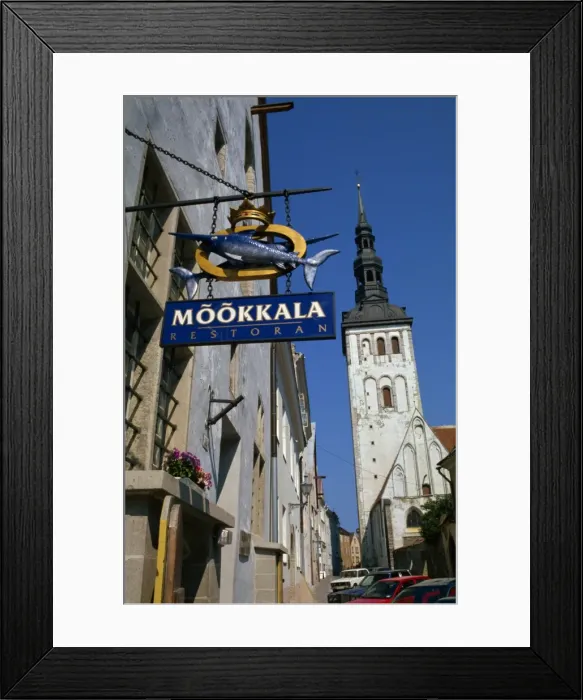 Framed Print : Sign for the Mookkala Restaurant with the Niguliste Church behind, Old Town Framed Print : Sign for the Mookkala Restaurant with the Niguliste Church behind, Old Town