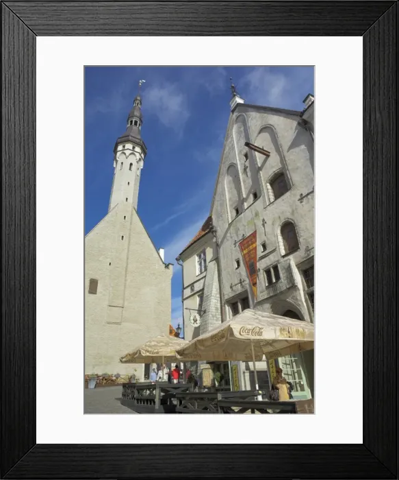Framed Print : Old Town Hall spire and cafe, Tallinn, Estonia, Baltic States, Europe Framed Print : Old Town Hall spire and cafe, Tallinn, Estonia, Baltic States, Europe