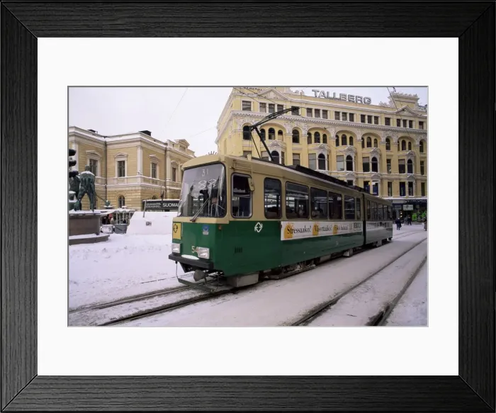 Framed Print : Tram in street in winter, Helsinki, Finland, Scandinavia, Europe Framed Print : Tram in street in winter, Helsinki, Finland, Scandinavia, Europe