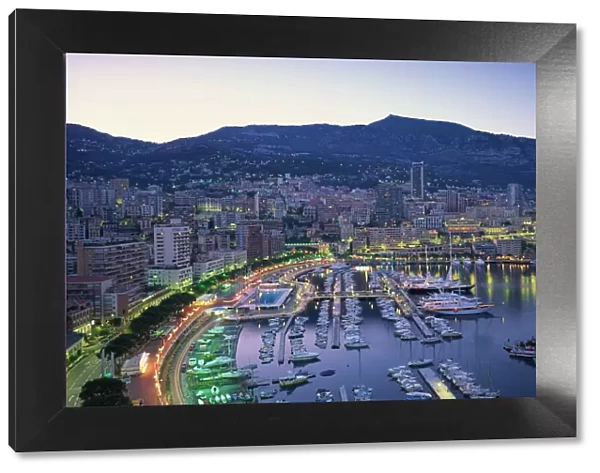 The marina, waterfront and town of Monte Carlo in the evening, Monaco, Mediterranean
