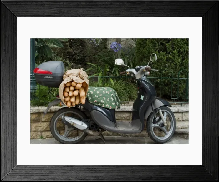 Framed Print : Baguettes on back on scooter, Monaco, Europe