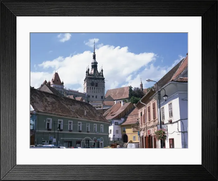 Framed Print : Clock tower, on old town citadel, from Piata Hermann Oberth, Sighisoara Framed Print : Clock tower, on old town citadel, from Piata Hermann Oberth, Sighisoara