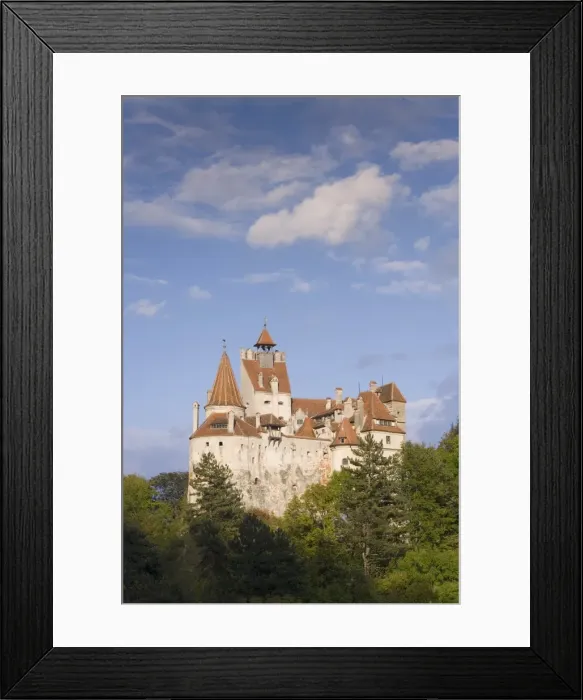 Framed Print : Bran Castle (Draculas Castle) perched atop a 60m peak in the centre of the village Framed Print : Bran Castle (Draculas Castle) perched atop a 60m peak in the centre of the village