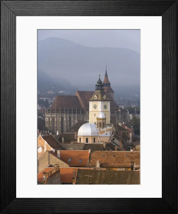 Framed Print : Elevated view over the centre of medieval Brasov, with the Council House Framed Print : Elevated view over the centre of medieval Brasov, with the Council House