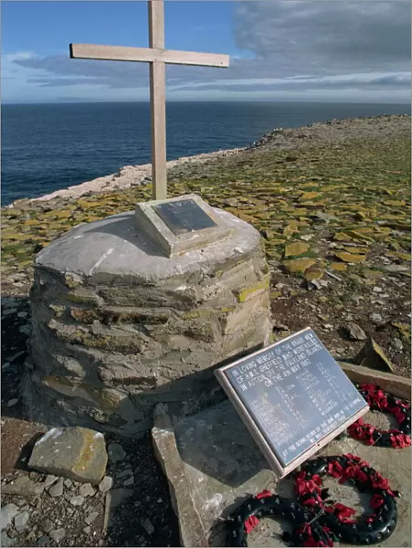 Poppy wreaths laid on the 1982 War Memorial to the dead of HMS Sheffield on Sealion Island in the Falkland Islands