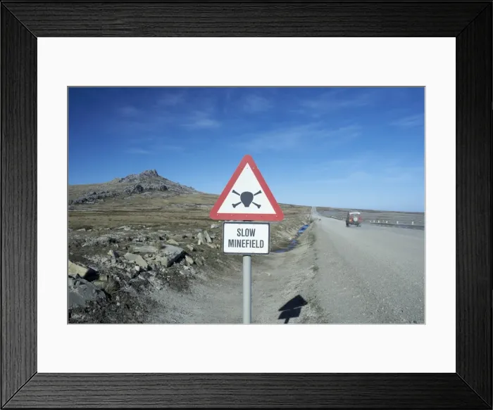 Framed Print : Minefields warning road sign, Sea Lion Island, Falkland Islands, South Atlantic Framed Print : Minefields warning road sign, Sea Lion Island, Falkland Islands, South Atlantic