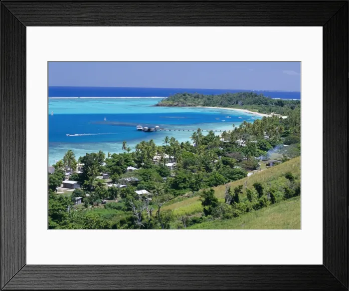 Framed Print : Resort huts beside coral sand beach, lagoon has outer coral reef, Mana Island Framed Print : Resort huts beside coral sand beach, lagoon has outer coral reef, Mana Island