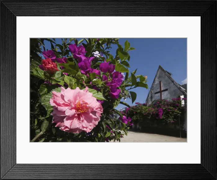 Framed Print : Colourful flowers and church in the Pastaza River valley, near the town of Banos Framed Print : Colourful flowers and church in the Pastaza River valley, near the town of Banos