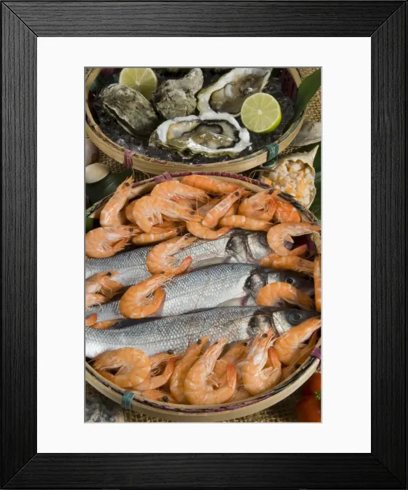 Framed Print : Prawns, oysters and sea bass Framed Print : Prawns, oysters and sea bass