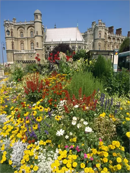 Garden full of flowers, with the chateau in the background, at St. Germain en Laye