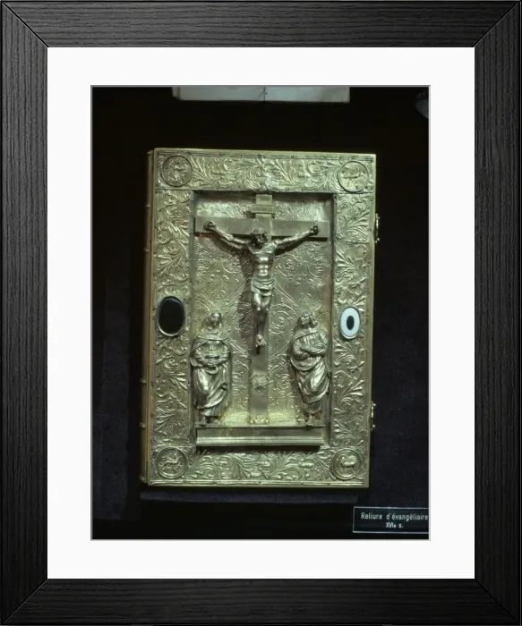Framed Print : Gold book binding dating from the 16th century showing Christian scene of crucifixion Framed Print : Gold book binding dating from the 16th century showing Christian scene of crucifixion