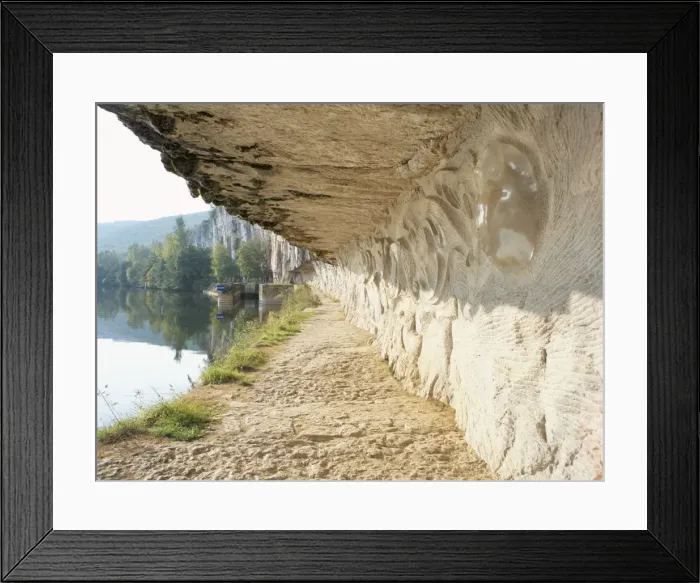 Framed Print : Modern carvings by D. Monnier on wall of tow path beside River Lot, near St Framed Print : Modern carvings by D. Monnier on wall of tow path beside River Lot, near St