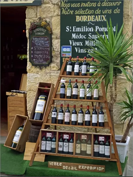 Display of wine bottles outside a shop at St. Emilion in the Gironde, Aquitaine