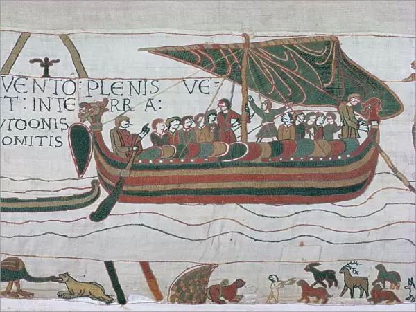Harold steers ship across channel, a scene from the Bayeux Tapestry, Bayeux