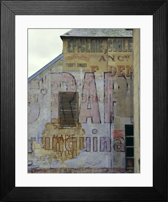 Framed Print : Fading painted writing on back street wall, Bayeux, Basse Normandie (Normandy) Framed Print : Fading painted writing on back street wall, Bayeux, Basse Normandie (Normandy)