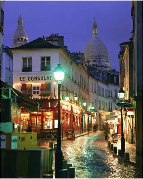 Rainy street and dome of the Sacre Coeur, Montmartre, Paris, France, Europe