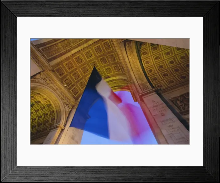 Framed Print : French flag flying at dusk, Arc de Triomphe, Paris, France, Europe Framed Print : French flag flying at dusk, Arc de Triomphe, Paris, France, Europe
