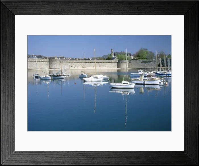 Framed Print : Reflections of boats moored in harbour, old walled town, Concarneau, Finistere Framed Print : Reflections of boats moored in harbour, old walled town, Concarneau, Finistere