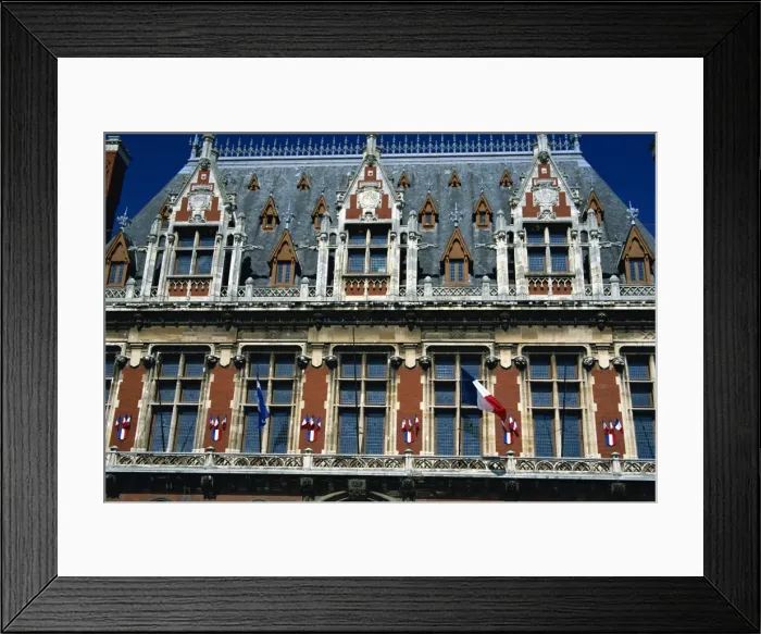 Framed Print : Detail of windows, dormers and flags on the town hall in Calais, Nord Pas de Calais Framed Print : Detail of windows, dormers and flags on the town hall in Calais, Nord Pas de Calais