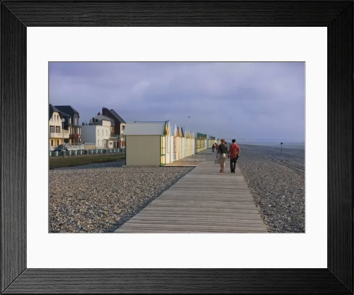 Framed Print : Couple walking along wooden planche (boardwalk), shingle beach, Cayeux sur Mer Framed Print : Couple walking along wooden planche (boardwalk), shingle beach, Cayeux sur Mer
