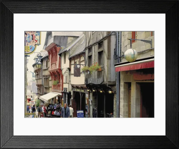 Framed Print : Street with shops and half timbered houses in Old Town, Lannion, Cotes d Armor Framed Print : Street with shops and half timbered houses in Old Town, Lannion, Cotes d Armor