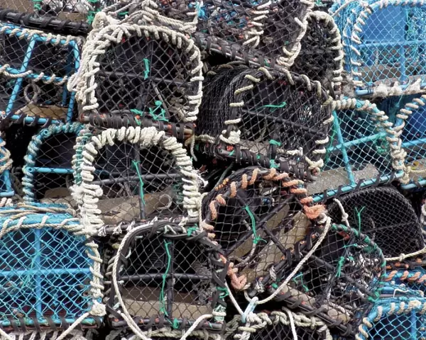 Lobster pots in the fishing harbour at Loguivy, Cote de Granit Rose, Cotes d Armor