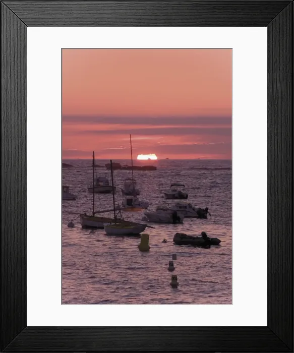 Framed Print : Sunset over boats moored at sea, Tregastel, Cote de Granit Rose, Cotes d Armor Framed Print : Sunset over boats moored at sea, Tregastel, Cote de Granit Rose, Cotes d Armor