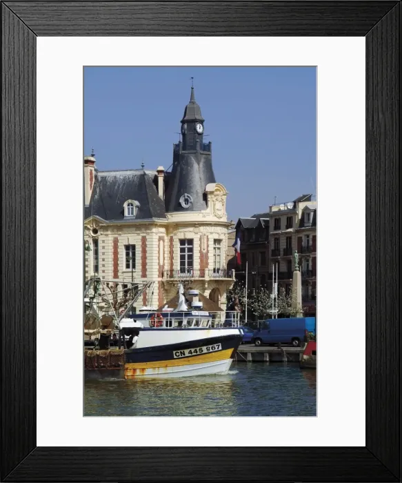 Framed Print : Hotel de Ville (town hall) and fishing boats at mouth of the River Touques Framed Print : Hotel de Ville (town hall) and fishing boats at mouth of the River Touques