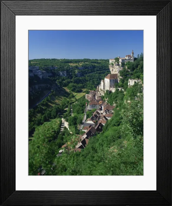 Framed Print : The town and church overlook a green valley at Rocamadour, Lot, Midi Pyrenees Framed Print : The town and church overlook a green valley at Rocamadour, Lot, Midi Pyrenees