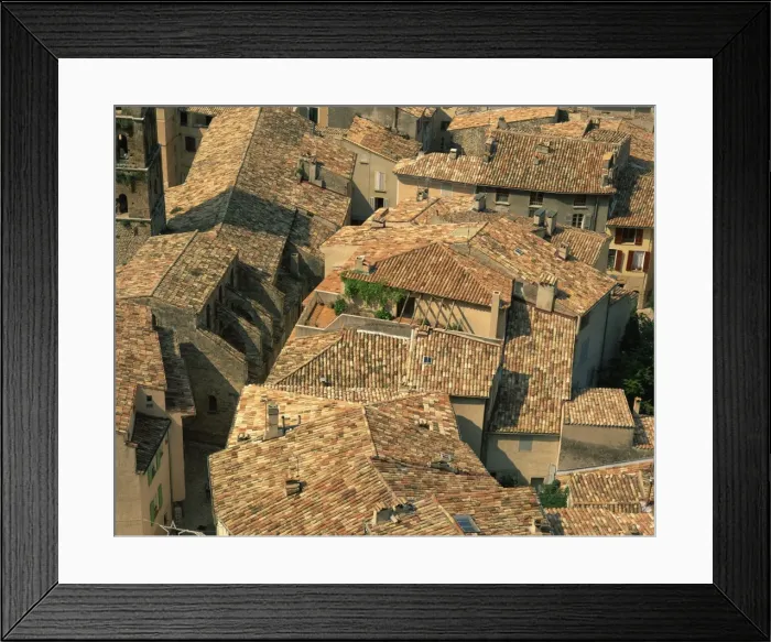 Framed Print : Tiled roofs of houses at Moustiers Ste. Marie, in the Alpes de Haute Provence Framed Print : Tiled roofs of houses at Moustiers Ste. Marie, in the Alpes de Haute Provence