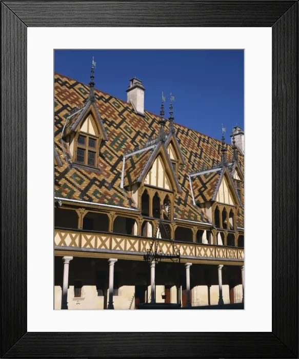 Framed Print : Verandahs and roof of the Hospices de Beaune on the Cote d Or, Bourgogne Framed Print : Verandahs and roof of the Hospices de Beaune on the Cote d Or, Bourgogne