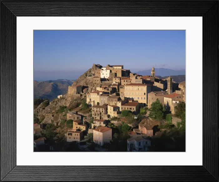 Framed Print : Clifftop village of Speloncato, in dusk light, Balagne region, Corsica, France, Europe Framed Print : Clifftop village of Speloncato, in dusk light, Balagne region, Corsica, France, Europe