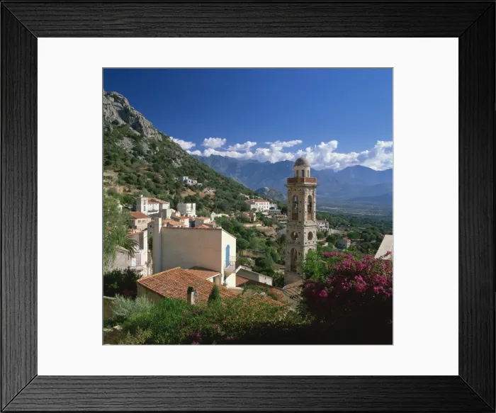 Framed Print : View across rooftops and church tower of Lumio, near Calvi, Balagne region Framed Print : View across rooftops and church tower of Lumio, near Calvi, Balagne region