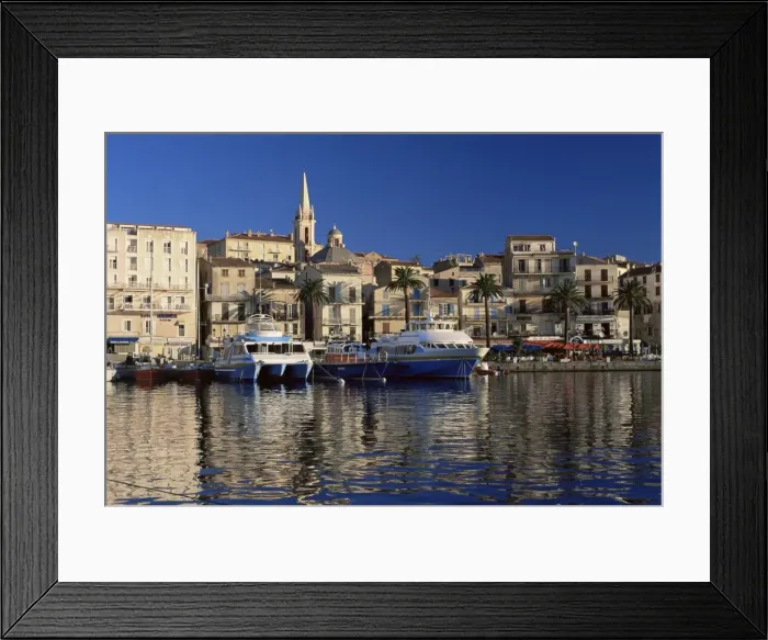 Framed Print : View across harbour to church of Ste. Marie in the early morning, Calvi Framed Print : View across harbour to church of Ste. Marie in the early morning, Calvi