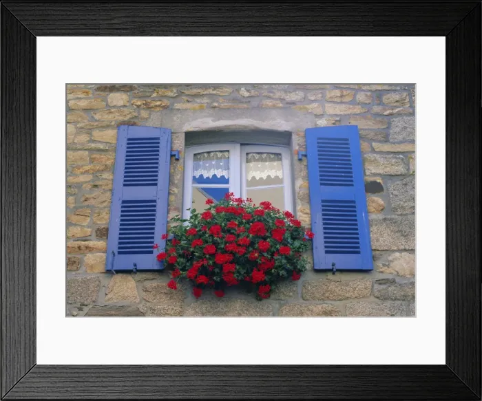 Framed Print : Blue shuttered windows and red flowers, Concarneau, Finistere, Brittany, France, Europe