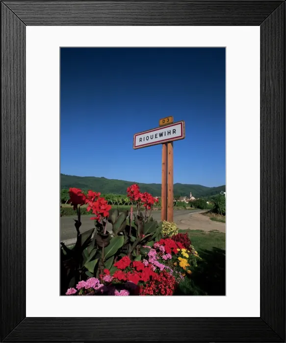 Framed Print : Village sign and flowers, Riquewihr, Haut-Rhin, Alsace, France, Europe Framed Print : Village sign and flowers, Riquewihr, Haut-Rhin, Alsace, France, Europe